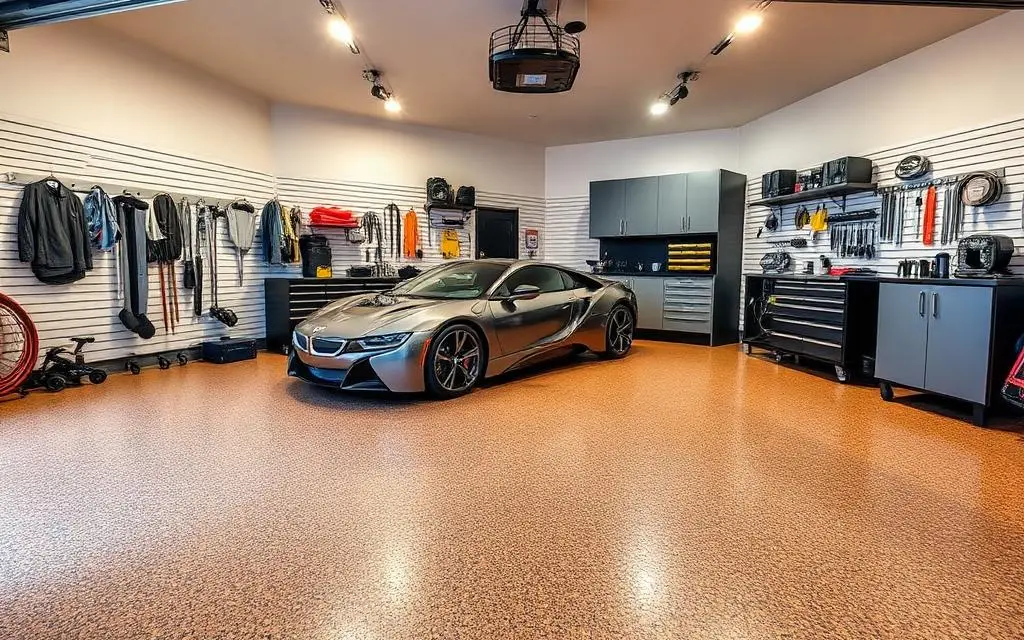 Completed garage remodel with polyaspartic flake floor, slatwall storage, and organized cabinetry