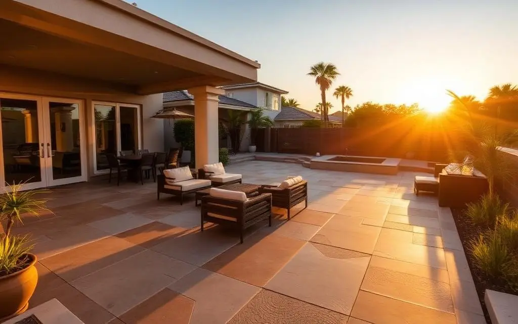 Luxury outdoor patio with decorative concrete coating and lounge furniture at golden hour