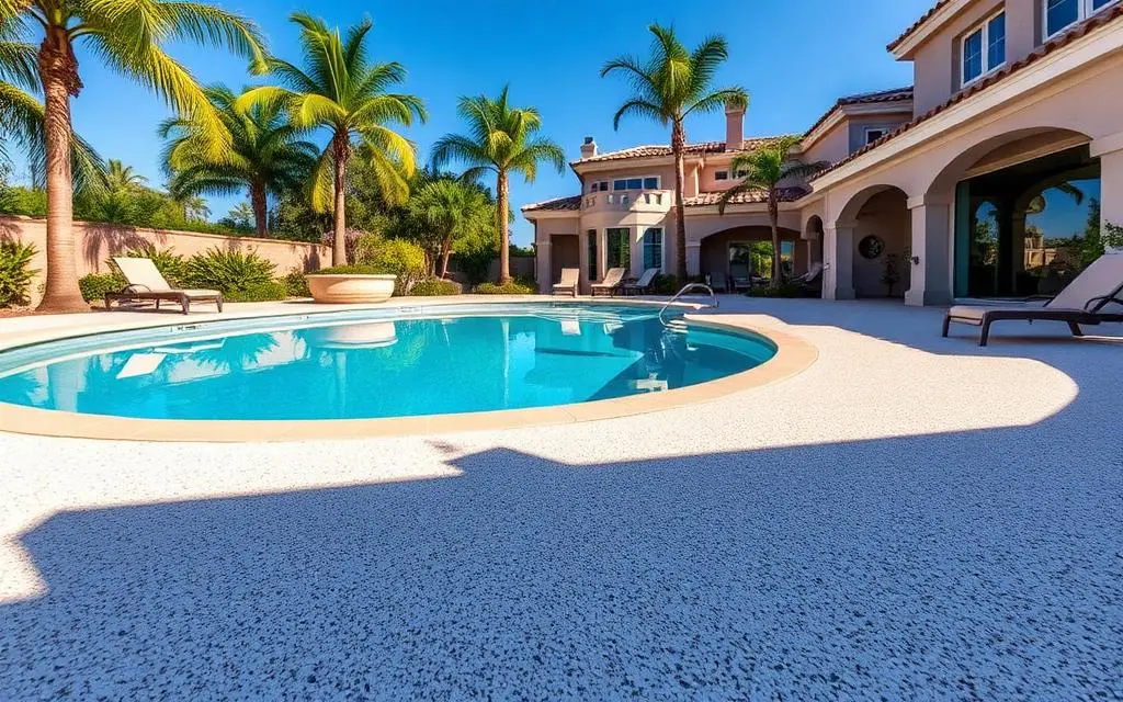 Resort-style pool deck with quartz broadcast surfacing, blue water, and palm trees