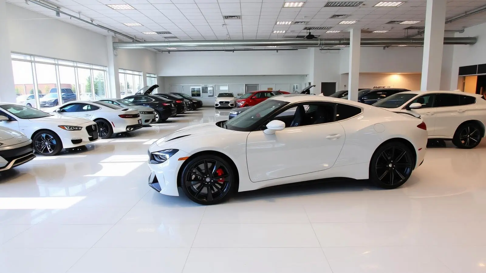 Modern automotive dealership service bay with epoxy chip floor