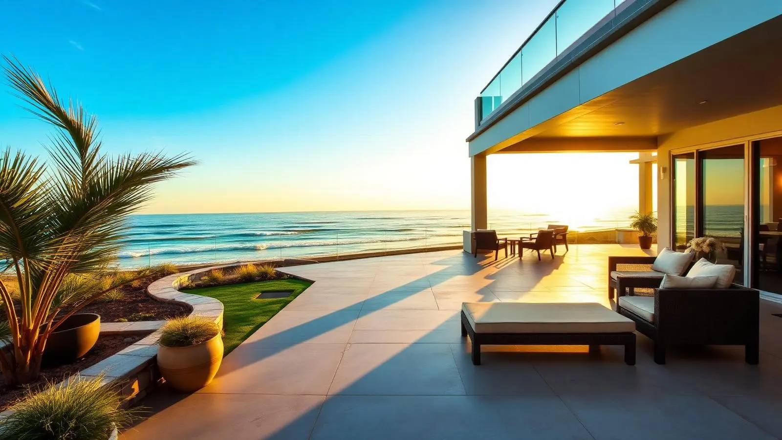 Modern coastal patio with sealed concrete in Southern California