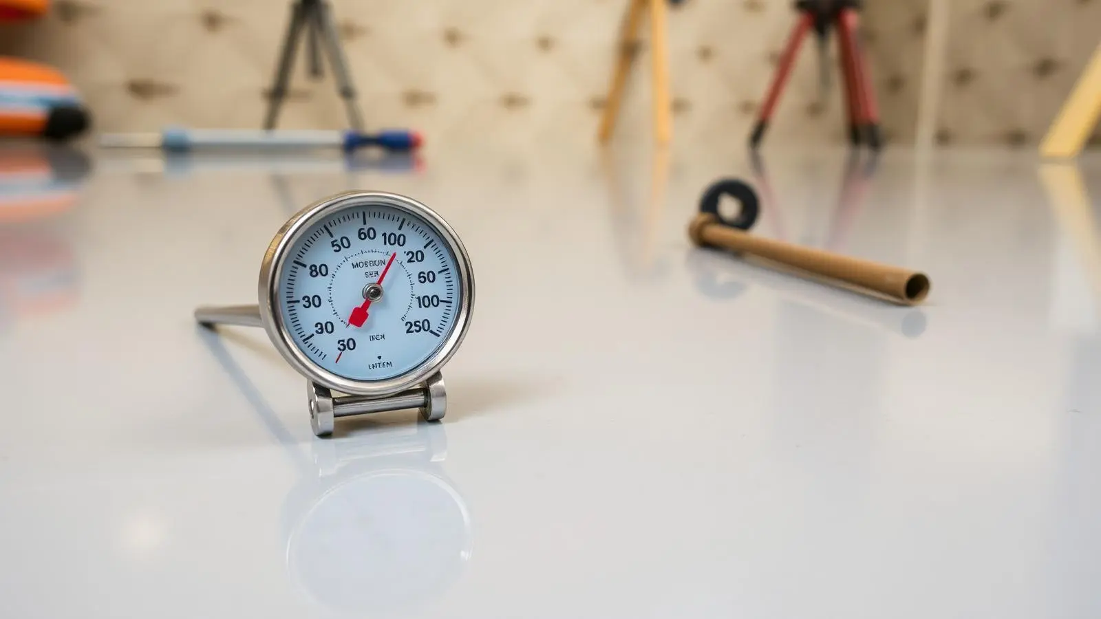 Thermometer reading high temperature on a curing concrete floor