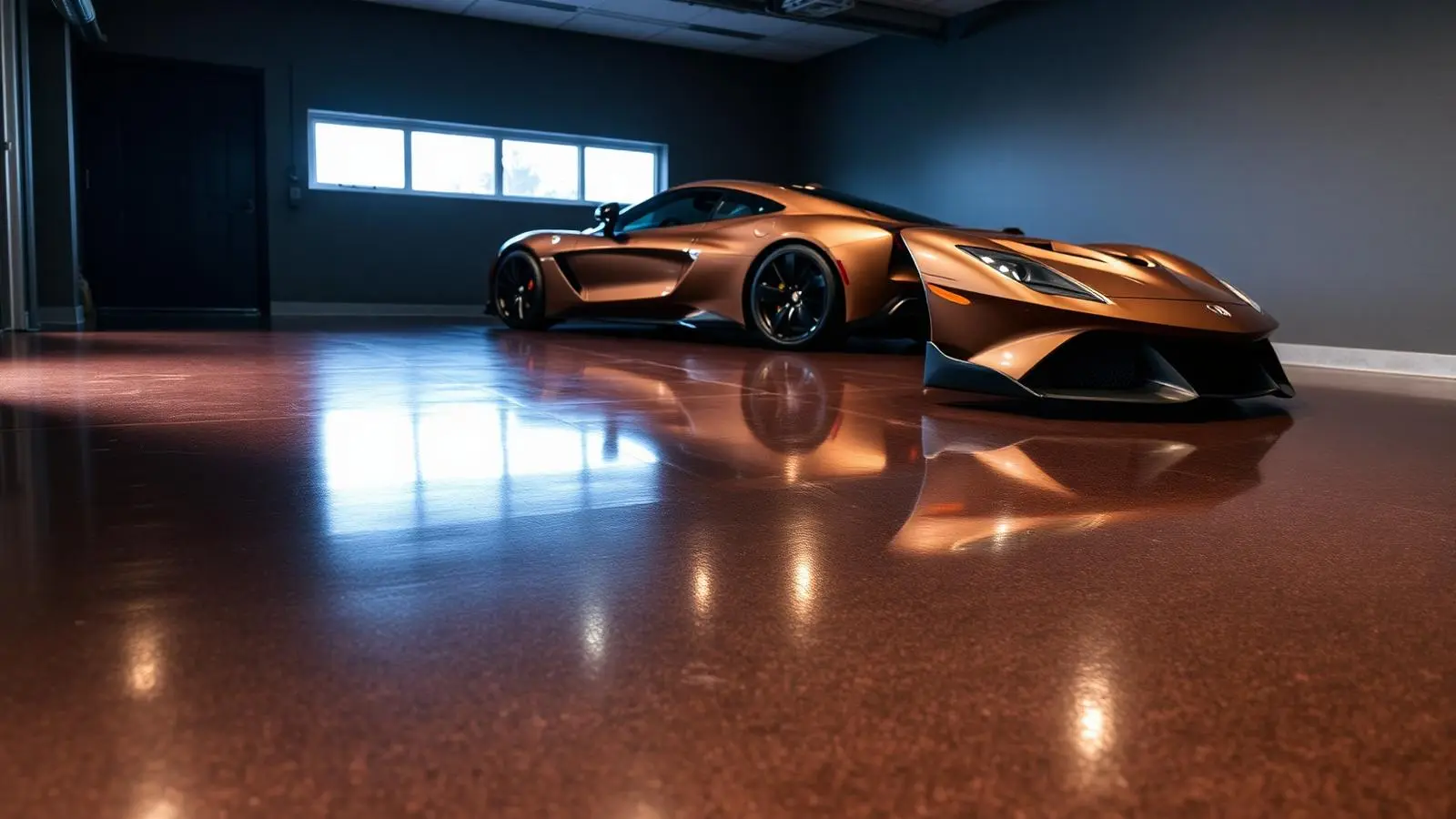 Luxury polished metallic epoxy garage floor with sports car