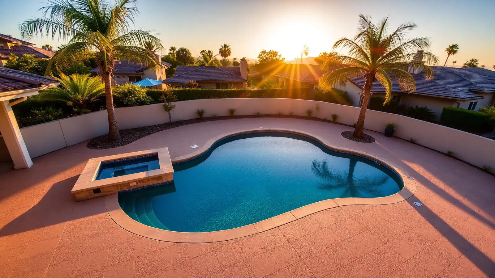 Southern California luxury pool deck at golden hour